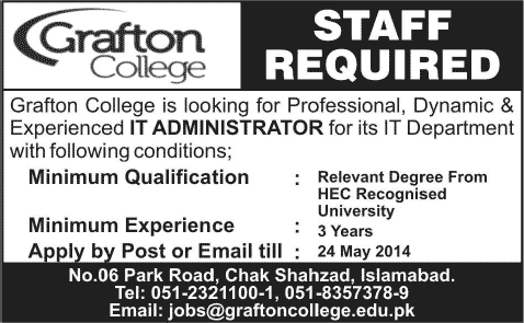 IT Administrator Jobs at Grafton College Islamabad 2014 May