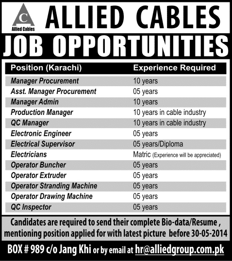 Allied Cables Jobs 2014 May for Managers, Electrical / Electronic Engineers & Technicians