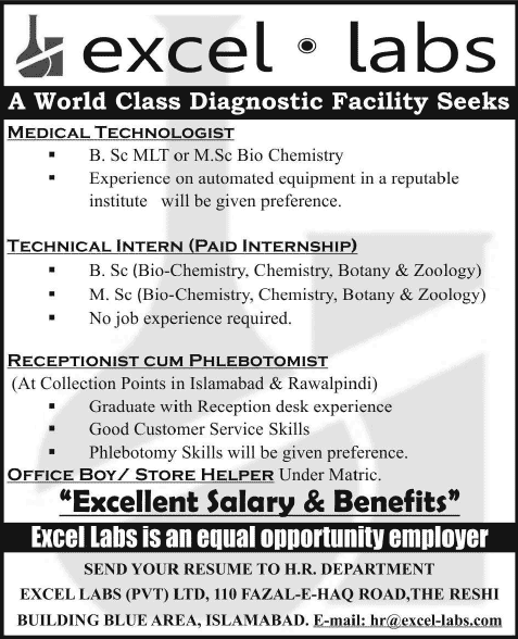 Excel Labs Islamabad Jobs 2014 May for Medical Technologist, Technical Intern, Phlebotomist & Office Boy