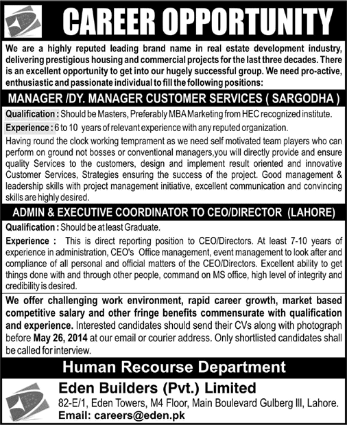 Eden Builders Jobs 2014 May for Customer Service Manager & Coordinator