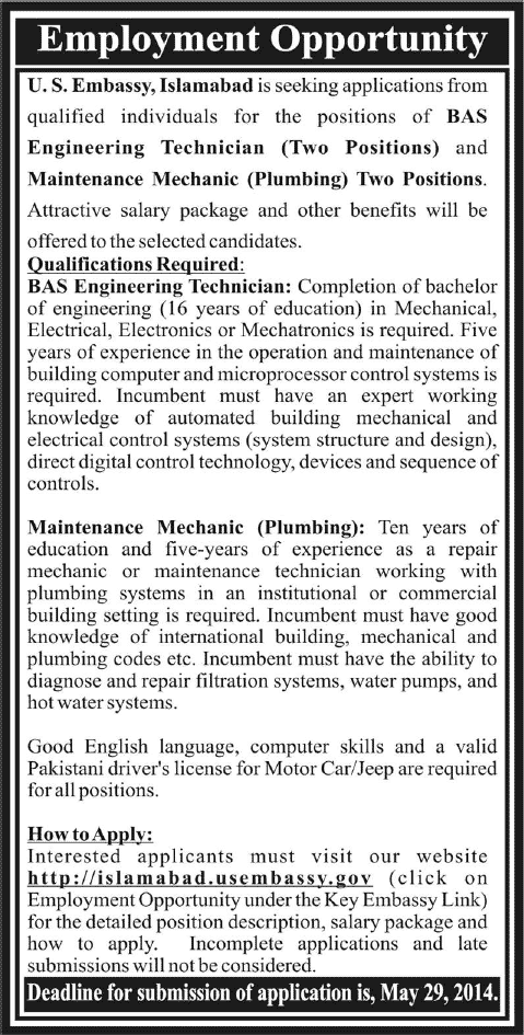 US Embassy Islamabad Jobs 2014 May for BAS Engineering Technicians & Maintenance Mechanic