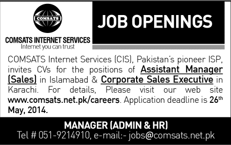 COMSATS Internet Services Islamabad / Karachi Jobs 2014 May