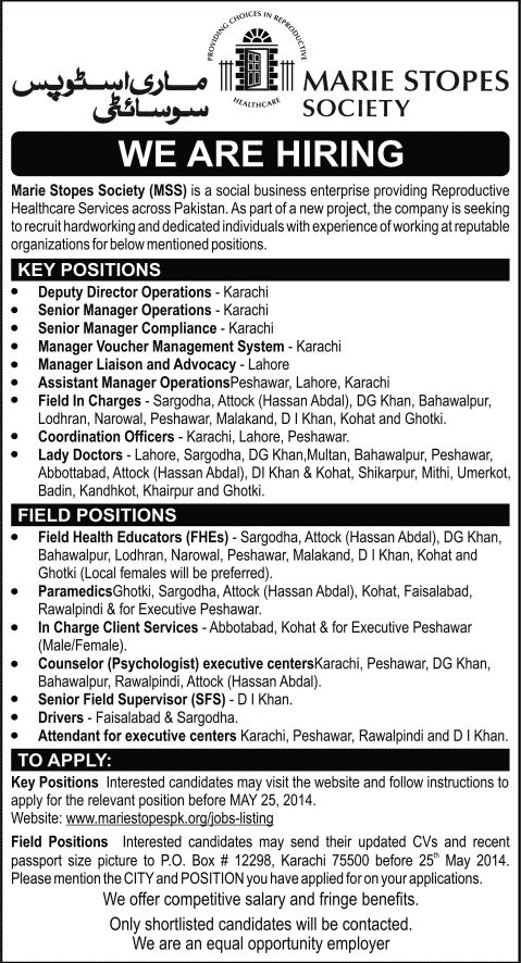Marie Stopes Society Pakistan Jobs 2014 May for Administrative, Health & Paramedical Staff