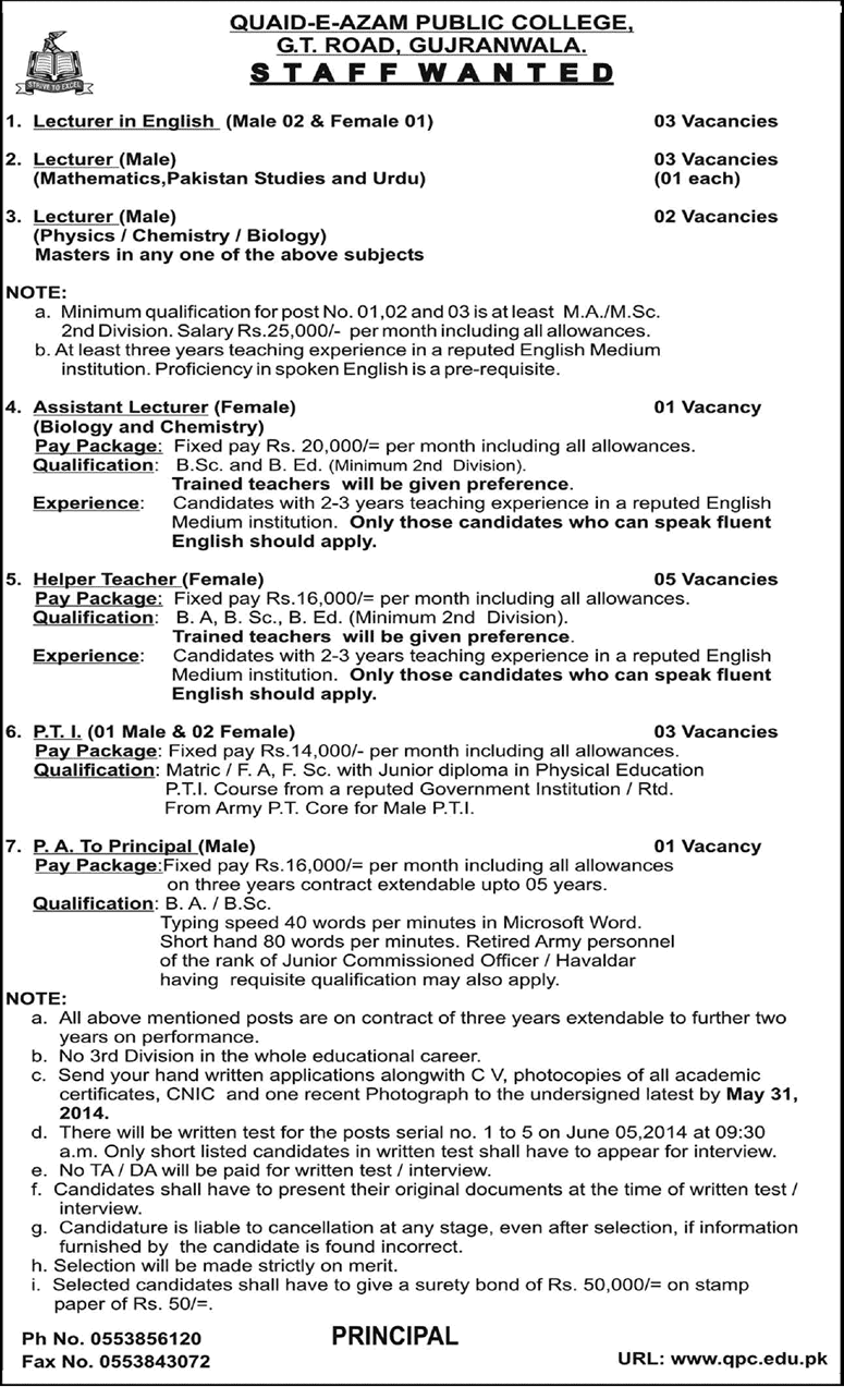 Quaid-e-Azam Public College Gujranwala Jobs 2014 May for Lecturers / Teaching Faculty & Non-Teaching Staff