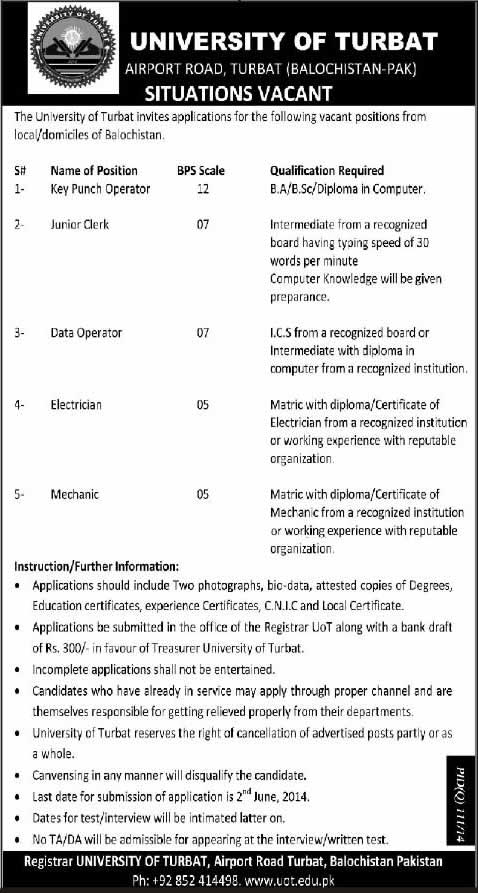 University of Turbat Balochistan Jobs 2014 May for Key Punch Operator, Junior Clerk & Other Staff