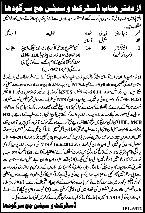 District and Session Court Sargodha Jobs 2014 May for Stenographers