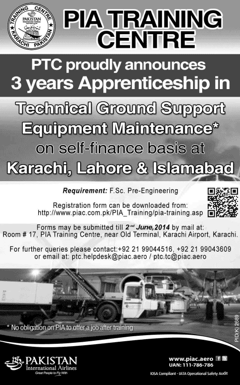 PIA Training Center Admissions 2014 for Apprenticeship in Technical Ground Support Equipment Maintenance