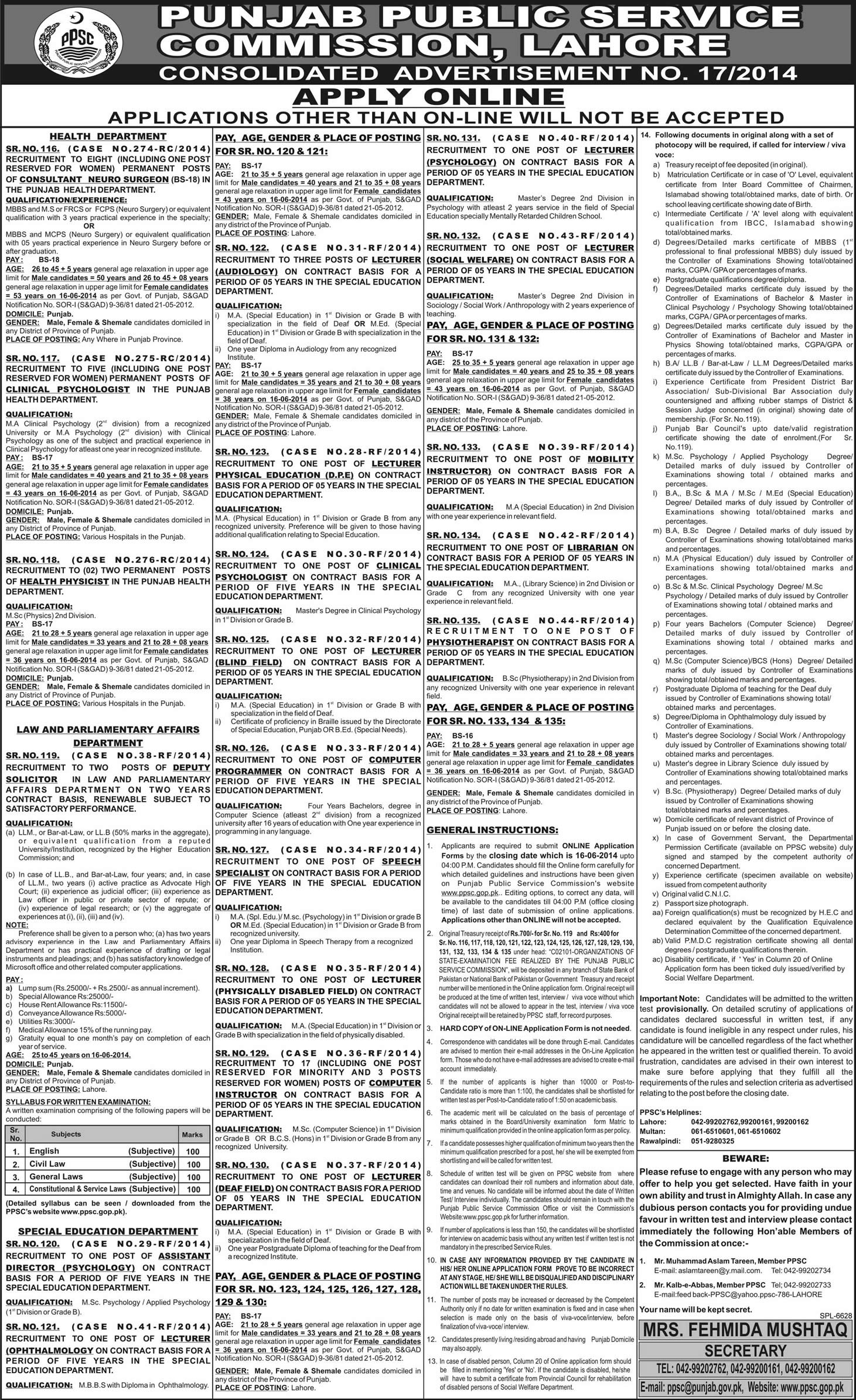 PPSC Jobs May 2014 for Computer Instructors, Lecturers & Others