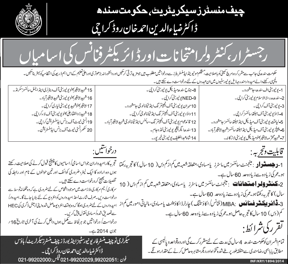 Chief Minister Secretariat Sindh Jobs 2014 May for Registrars, Controller Examination & Director Finance