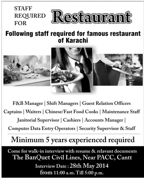 The Banquet Karachi Jobs 2014 May for Restaurant Staff