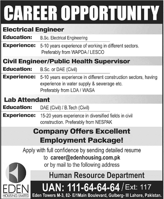 Eden Housing Jobs Lahore 2014 May for Electrical / Civil Engineer & Lab Attendant