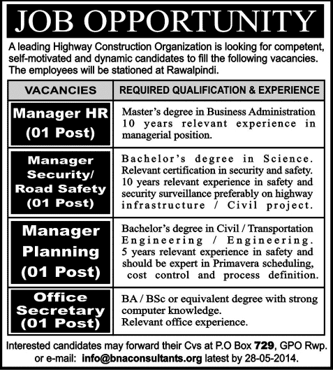 HR / Security / Planning Manager & Office Secretary Jobs in Rawalpindi 2014 May at BNA Consultants