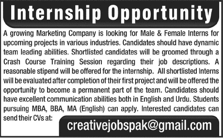 Internships in Pakistan 2014 May / June in Marketing Company for MBA / BBA / MA English