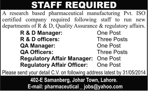 Jobs in Pharmaceutical Companies in Lahore 2014 May for R&D / QA / Regulatory Affairs Manager & Officers