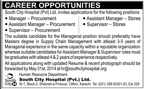 Latest Jobs in South City Hospital Karachi 2014 May for Procurement & Store Staff