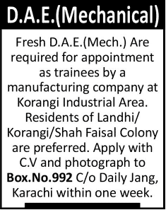 Fresh DAE Mechanical Jobs in Karachi 2014 May as Trainee Engineers