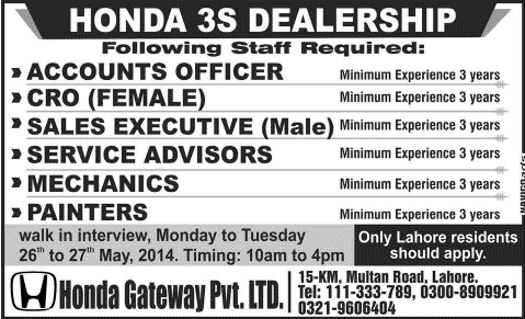 Honda Gateway Lahore Jobs 2014 May for Sales Executive, Service Advisors, Accounts Officer & Other Staff