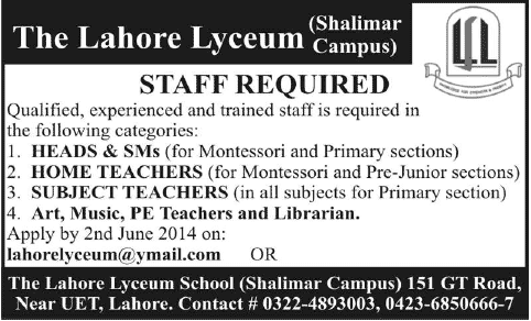 Lahore Lyceum School Shalimar Campus Jobs 2014 May for Teaching & Administrative Staff