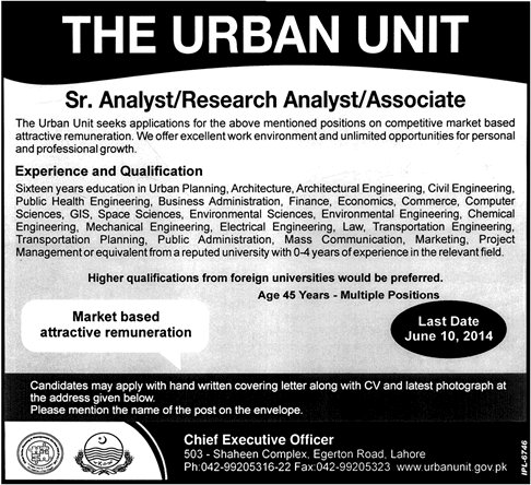 Urban Unit Jobs in Lahore 2014 May for Senior Analyst, Research Analyst & Associate
