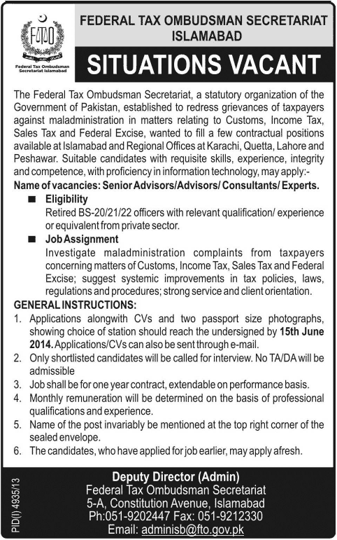 Federal Tax Ombudsman Jobs 2014 May / June Latest Advertisement