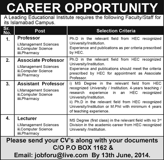 University of Lahore Jobs 2014 May / June for Teaching Faculty