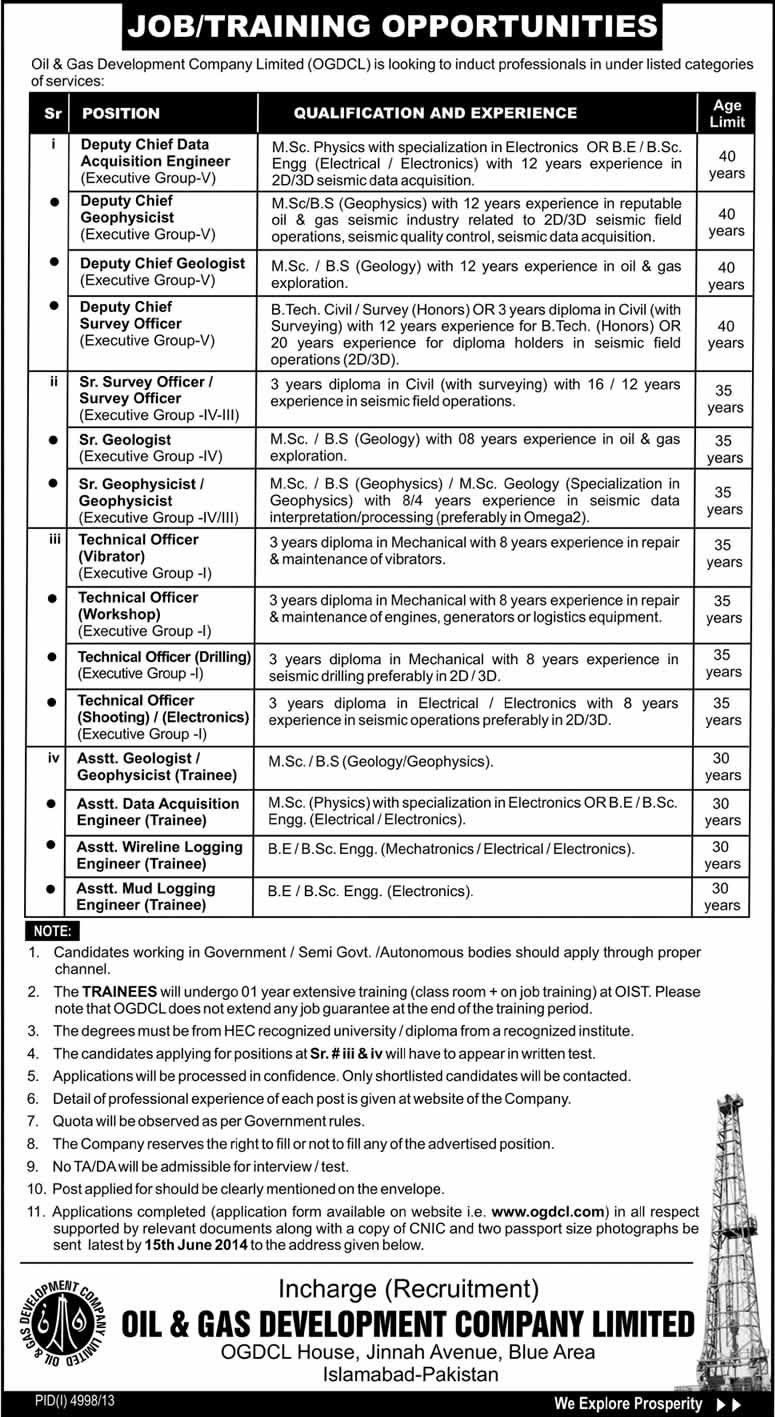 OGDCL Jobs 2014 May / June for Trainees & Professionals Latest Advertisement