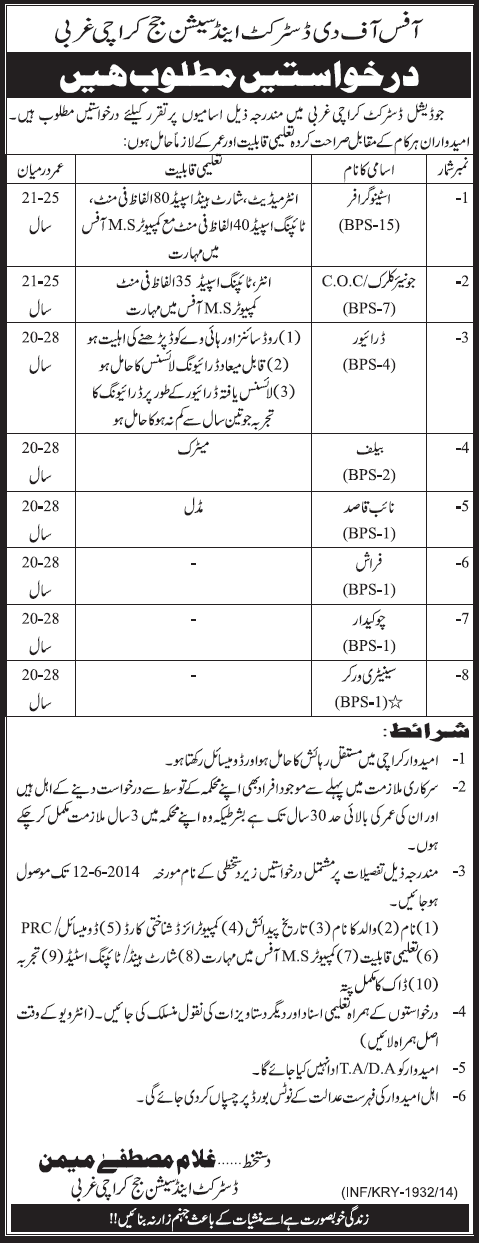 Judicial District Karachi West Jobs 2014 May / June Latest Advertisement