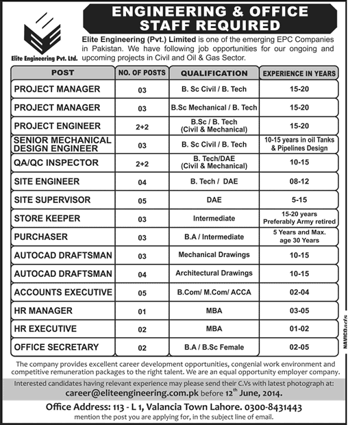 Elite Engineering Lahore Jobs 2014 June for Engineering & Office Staff