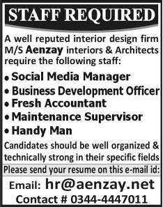Aenzay Interior & Architects Jobs 2014 June for Social Media Manager, Accountant, Business Development Officer & Other Staff