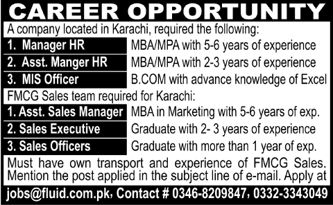 HR Manager, MIS Officer & Sales Staff Jobs in Karachi 2014 June at Fluid Technology International (Pvt.) Ltd