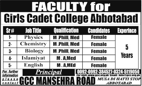 Girls Cadet College Abbottabad Jobs 2014 June for Teaching Faculty