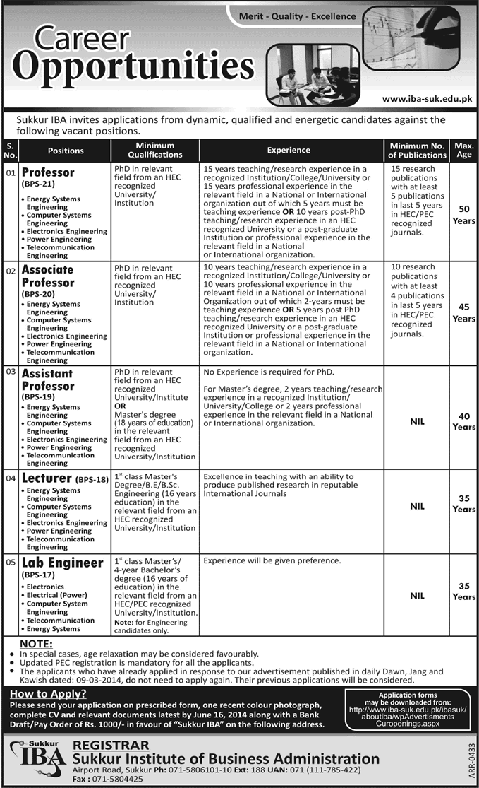 IBA Sukkur Jobs 2014 June Application Form for Professors, Associate / Assistant Professor, Lecturer & Lab Engineer