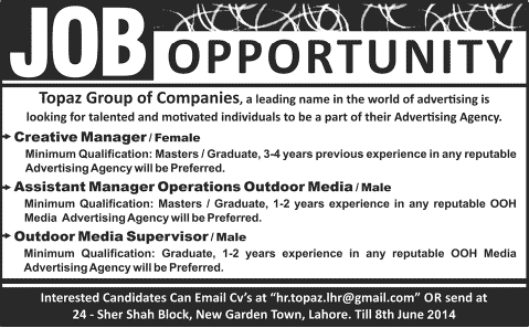 Topaz Group of Companies Lahore Jobs 2014 June Latest Advertisement