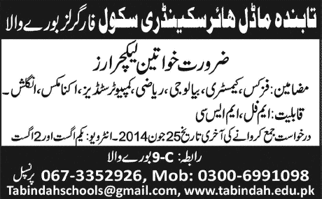 Female Lecturer Jobs in  Burewala 2014 June at Tabindah Model High School