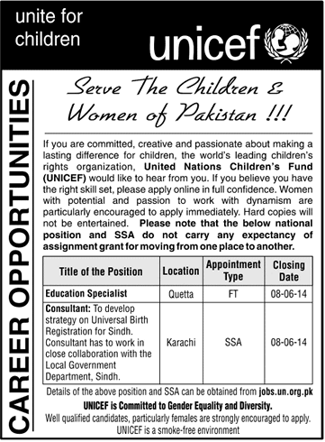 UNICEF Pakistan Jobs 2014 June for Education Specialist & Consultant