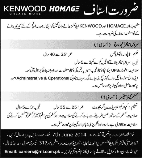 R&I Electrical Appliances Lahore Jobs 2014 June for Electronics Engineer & Customer Care Officer