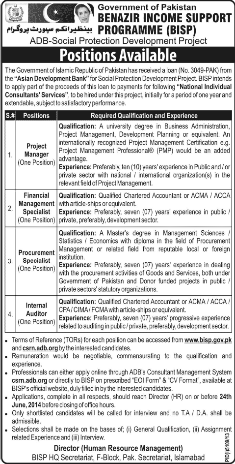 BISP Jobs 2014 June for ADB - Social Protection Development Project