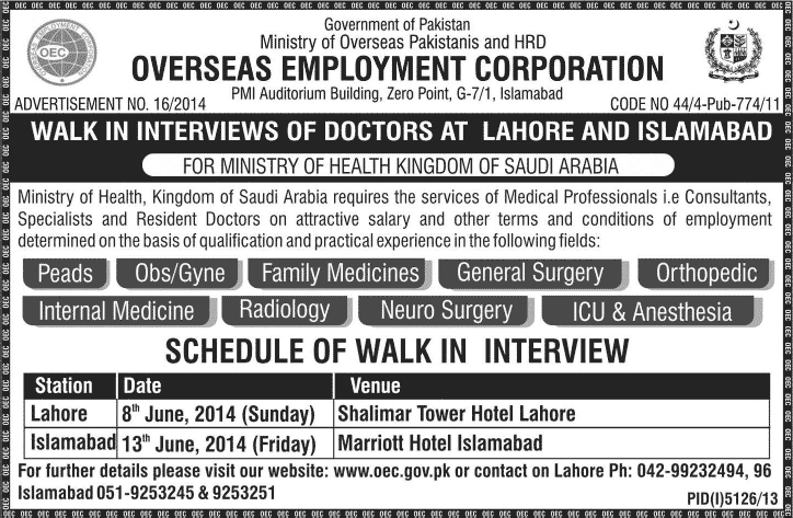 Doctors Jobs in MoH Saudi Arabia 2014 June through Overseas Employment Corporation