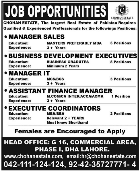 Chohan Estate Jobs 2014 June for Sales / IT / Finance Managers, Coordinators & Business Development Executives