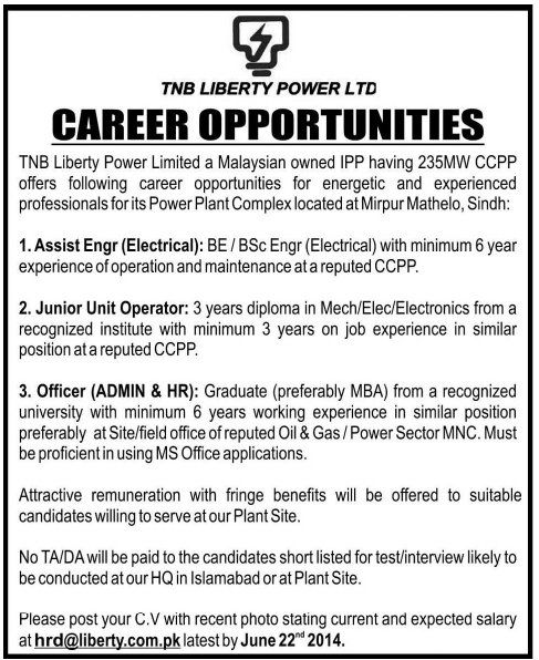 TNB Liberty Power Limited Jobs 2014 June for Electrical / Mechanical Engineers & Admin / HR Officer