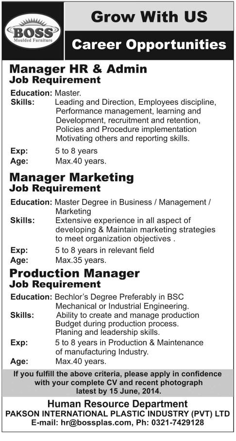 Production / Marketing / HR & Admin Manager Jobs in Gujranwala 2014 June at Pakson International Plastic Industry