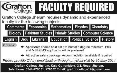 Teaching Jobs in Grafton College Jhelum 2014 June Latest Advertisement