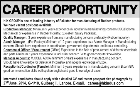 HK Group Lahore Jobs 2014 June for Production / Quality / Admin / Accounts Manager & Other Staff