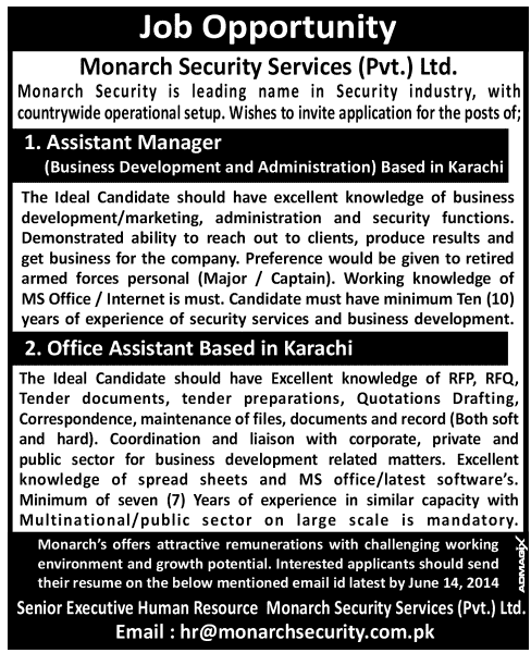 Assistant Manager & Office Assistant Jobs in Karachi 2014 June at Monarch Security Services (Pvt.) Ltd