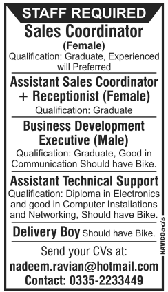 Latest Jobs in Lahore 2014 June for Sales Coordinators, Electronics Engineer & Delivery Boy