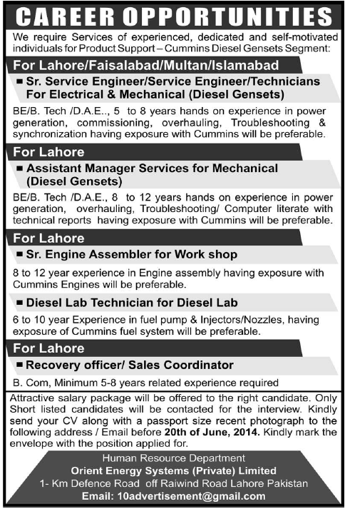 Orient Energy Systems Jobs 2014 June Latest for Engineers, Technician & Recovery Officer
