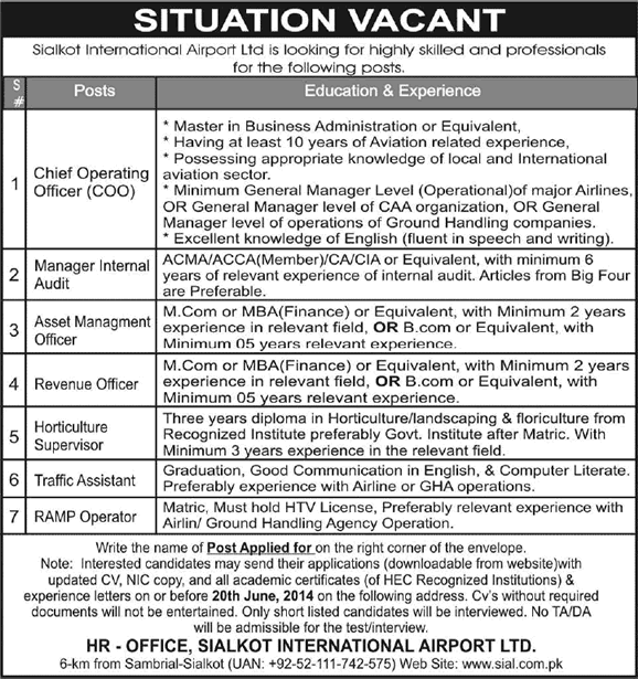 Sialkot International Airport Jobs 2014 June Latest Advertisement