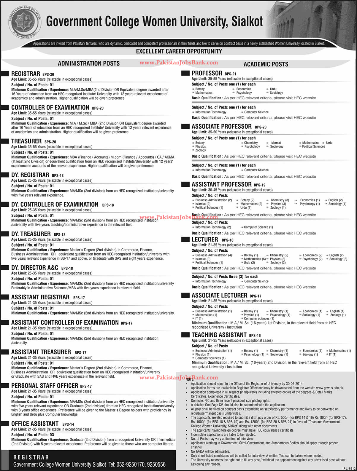 GCWU Sialkot Jobs 2014 June for Teaching Faculty & Non-Teaching Staff