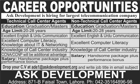 Ask Development Lahore Jobs 2014 June for Technical & Non-Technical Call Center Agents