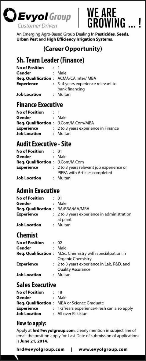 Evyol Group Jobs 2014 June for Finance / Sales / Audit  / Admin Executives & Chemist